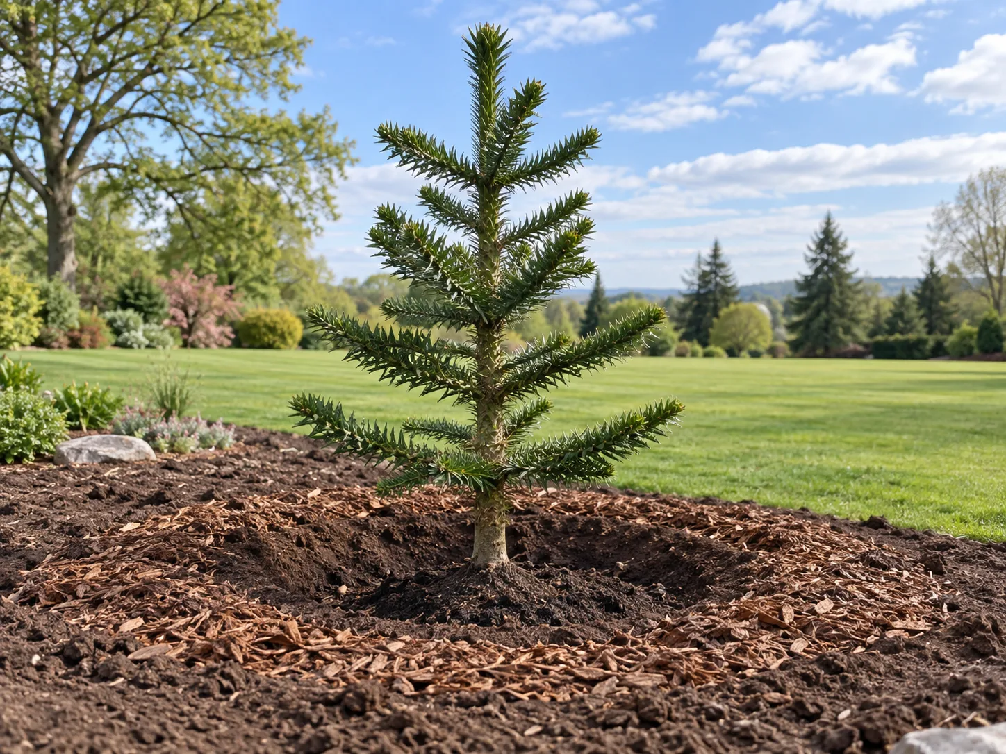 A young monkey puzzle tree planted in a wide outdoor bed with its root flare visible