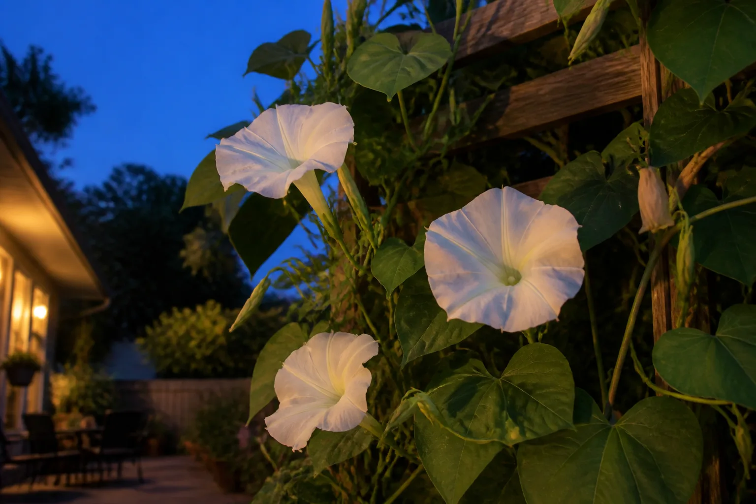 White moonflower trumpet blooms on a twining vine climbing a wooden trellis beside a patio at dusk