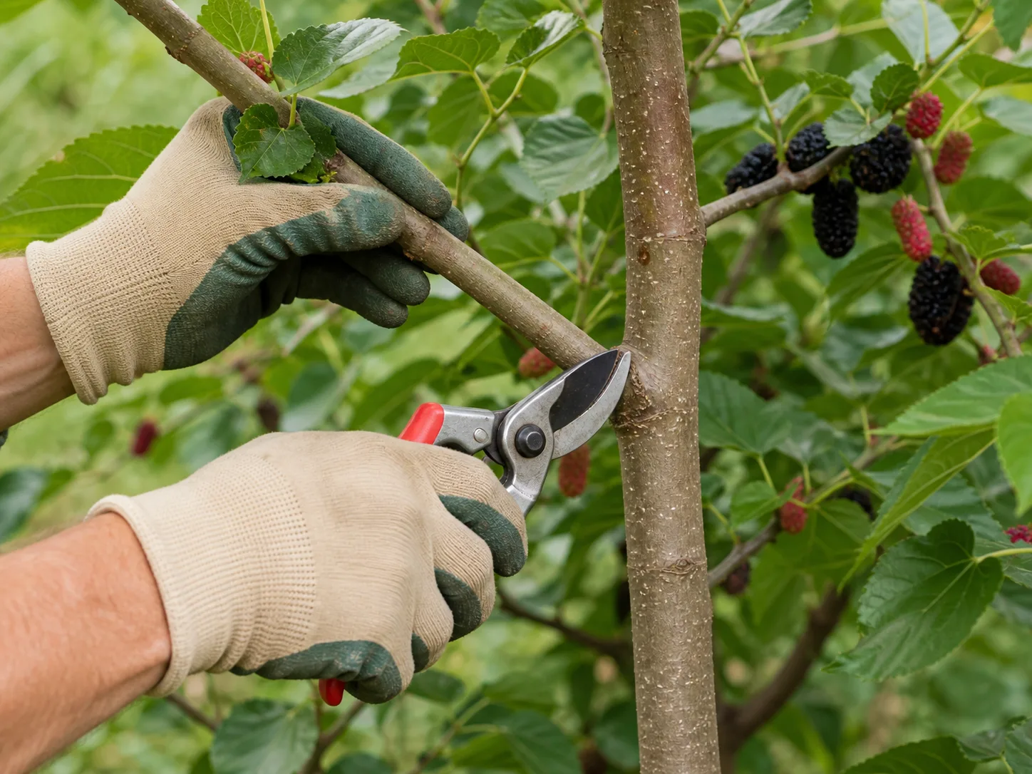 Pruning a young mulberry tree beside ripe fruit