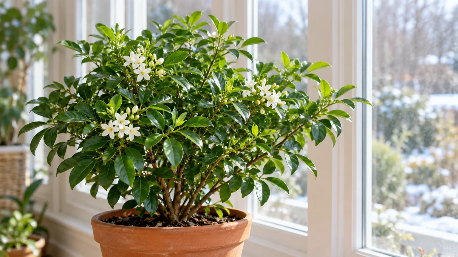 Potted orange jasmine with white blossoms in a bright sheltered sunroom