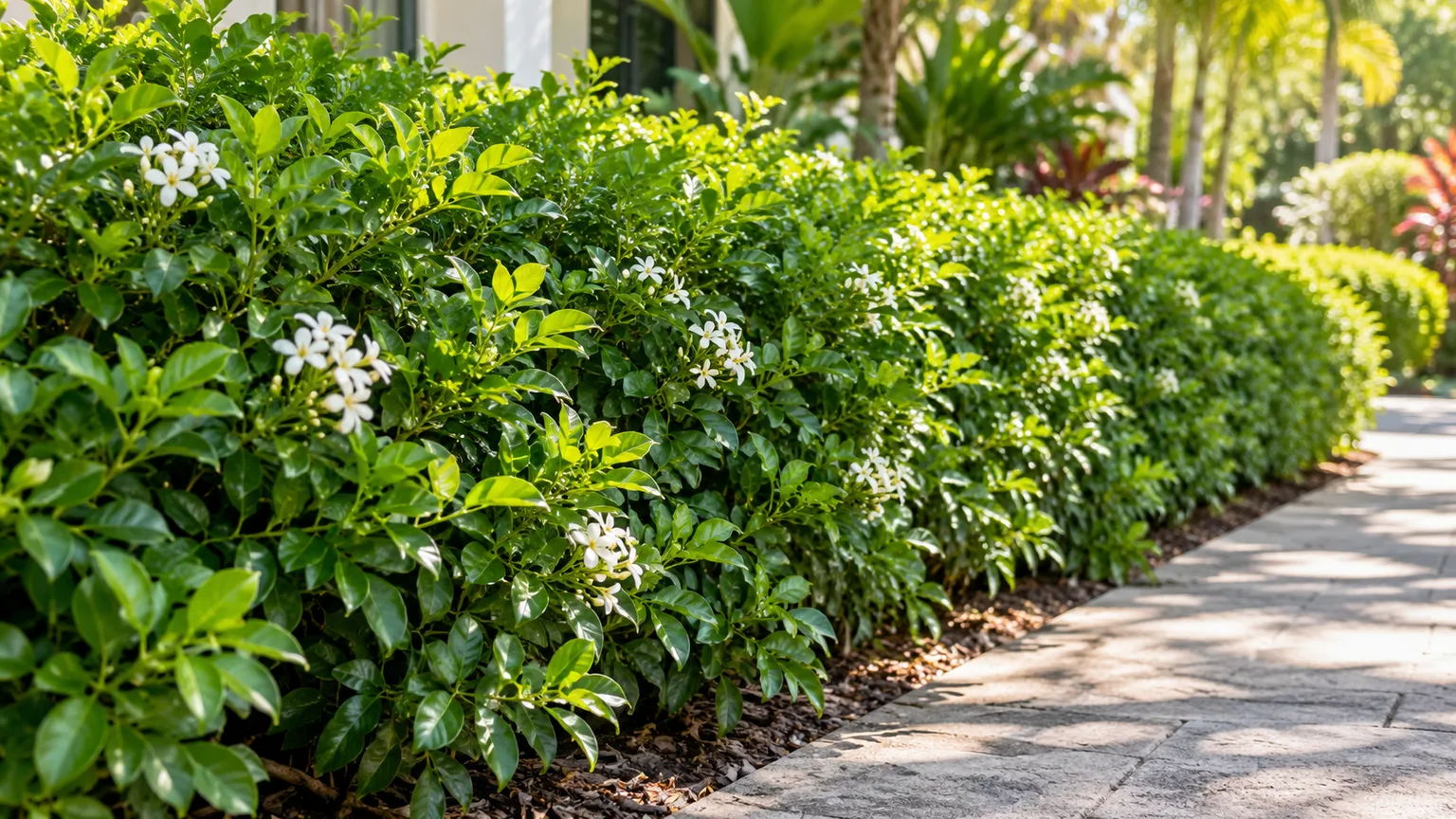 Flowering orange jasmine hedge with glossy leaves beside a garden path