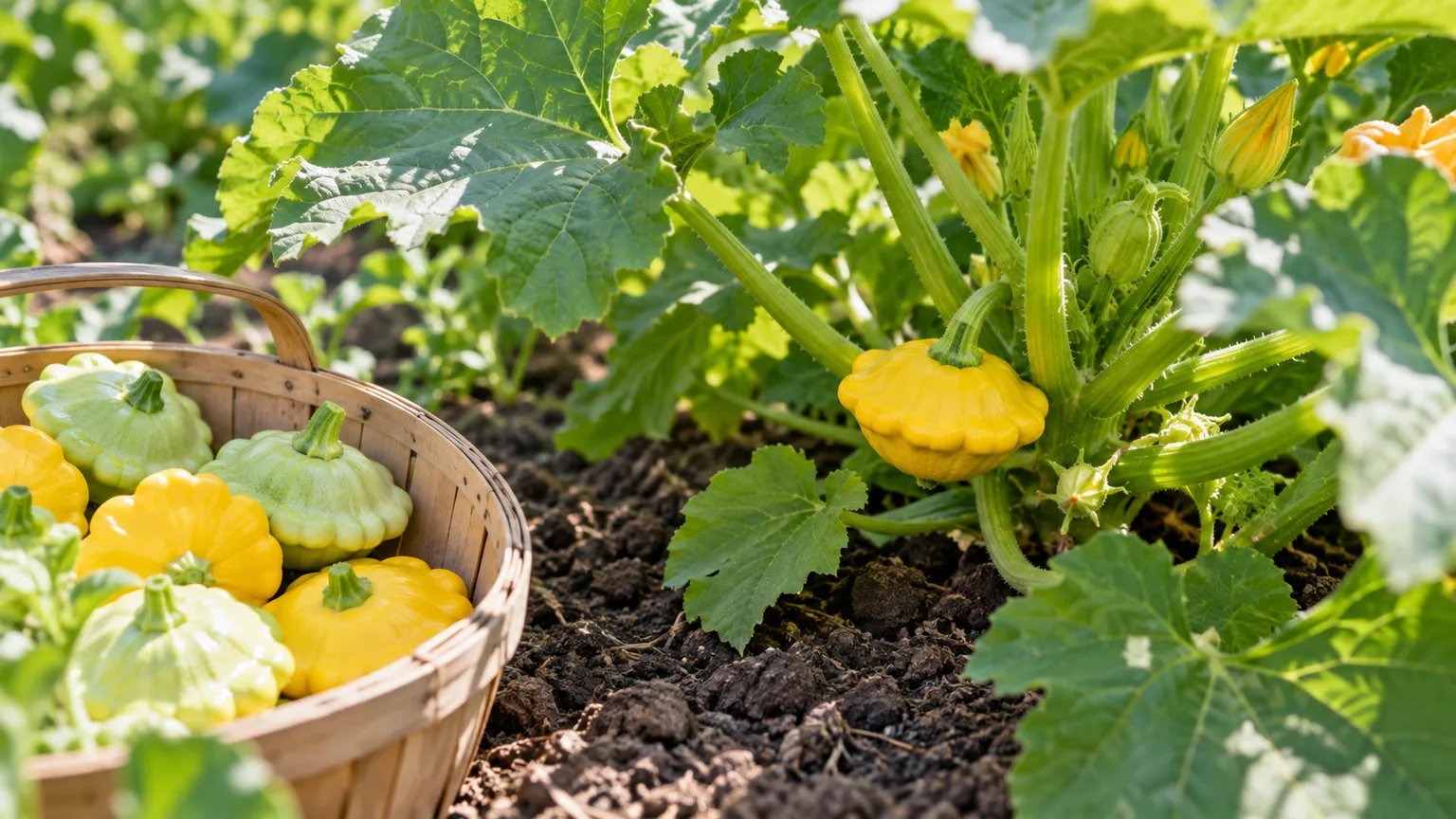 Small scalloped yellow pattypan squash still on the plant beside freshly harvested pale-green and yellow fruits.