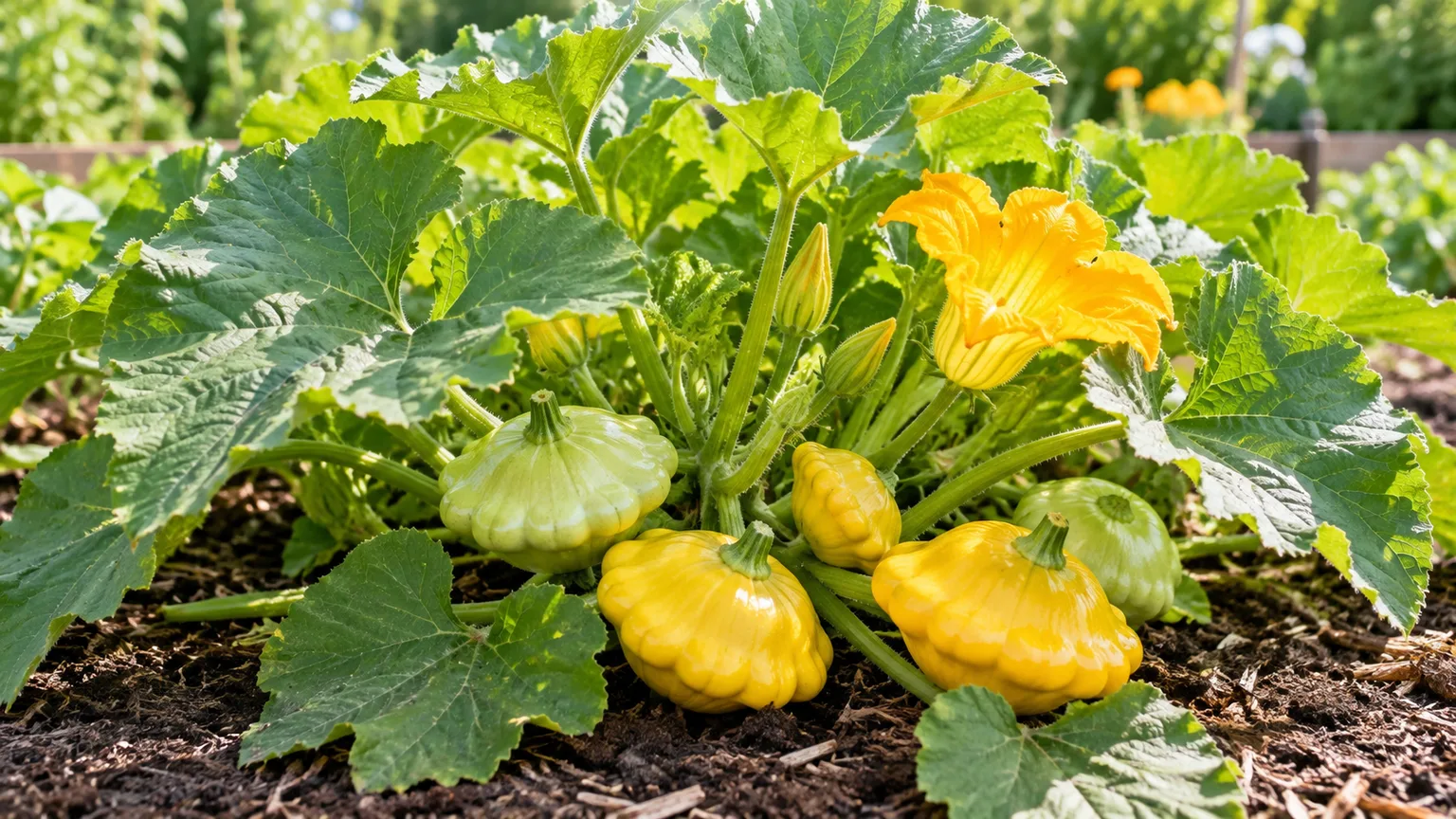 Healthy pattypan squash bush with yellow and pale-green scalloped fruit in a sunny garden