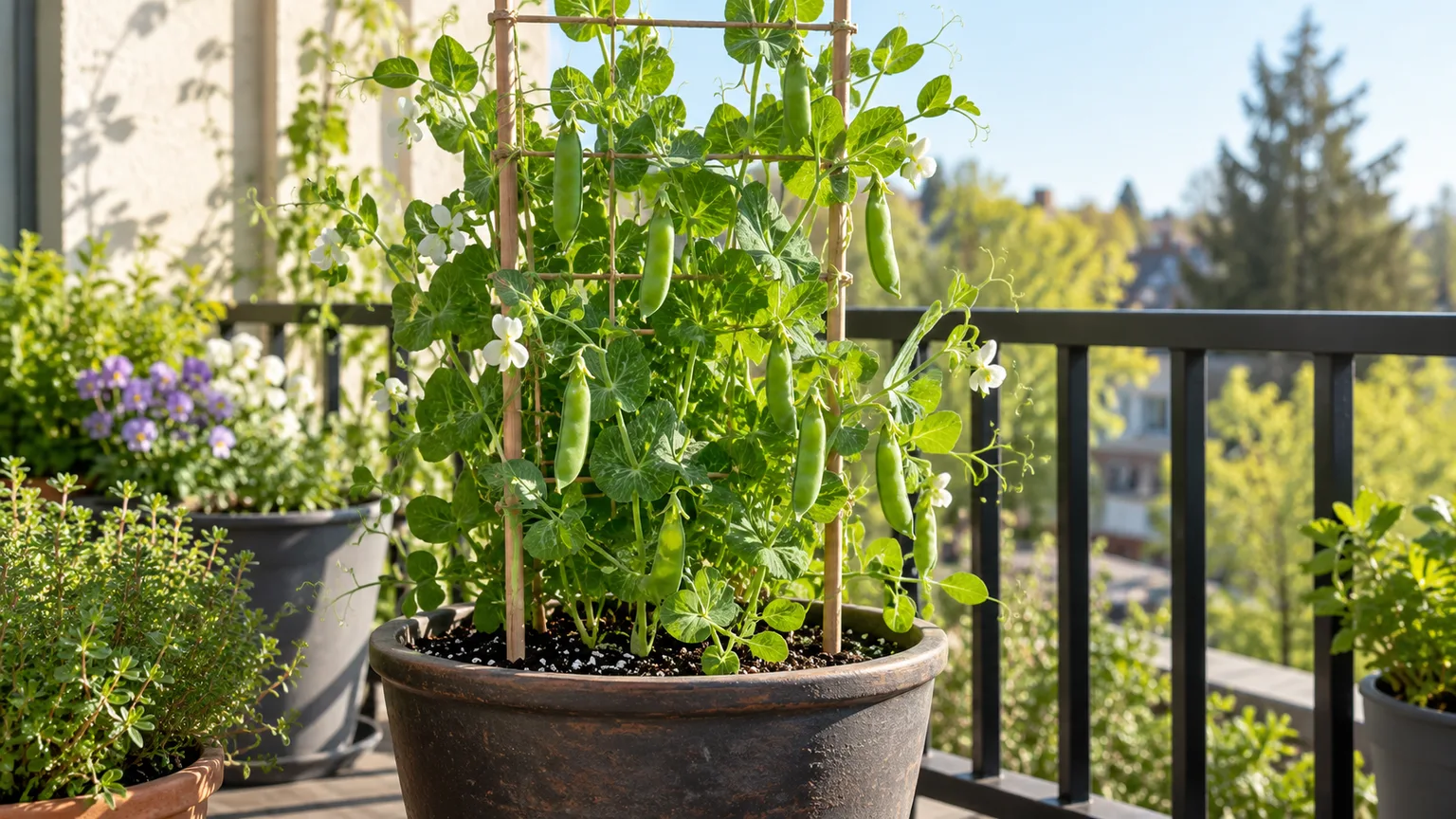 Snap pea vines and pods climbing a trellis in a container on a sunny balcony