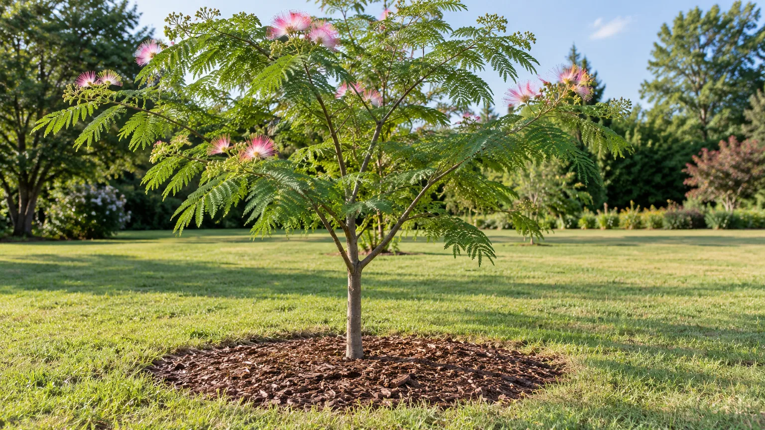 Young Persian silk tree growing in a sunny, open landscape with room for its canopy