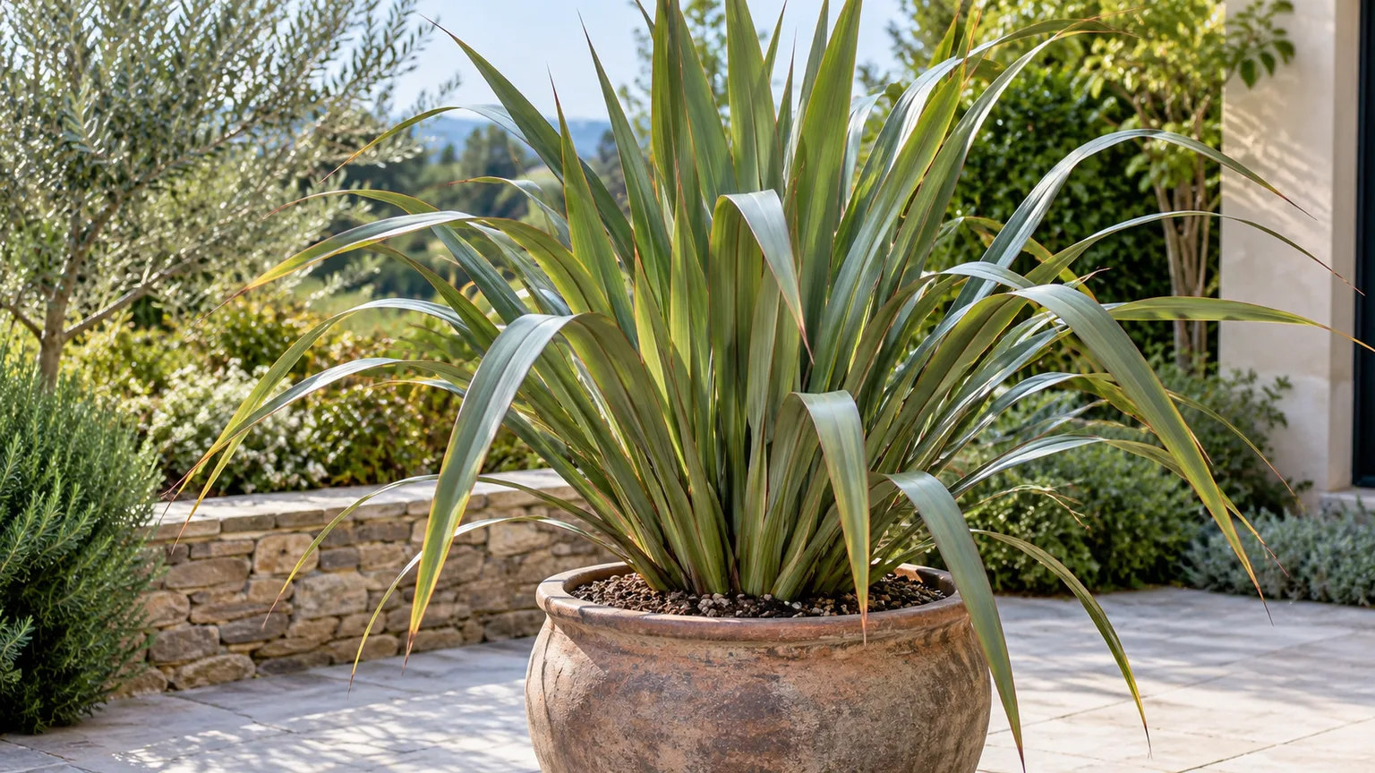 New Zealand flax growing in a stable, well-drained patio container.