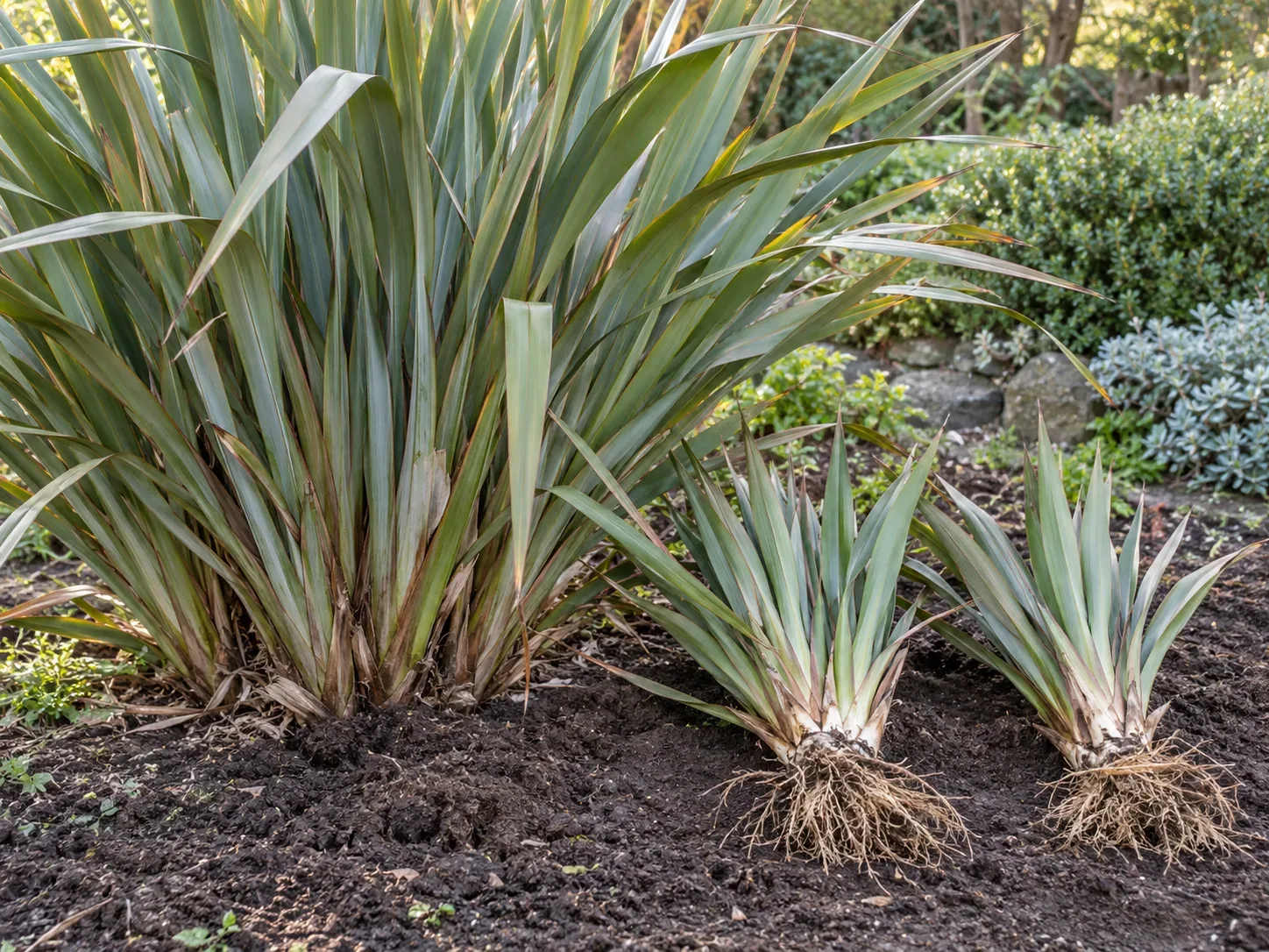 Rooted New Zealand flax fans separated from a mature clump for spring division.