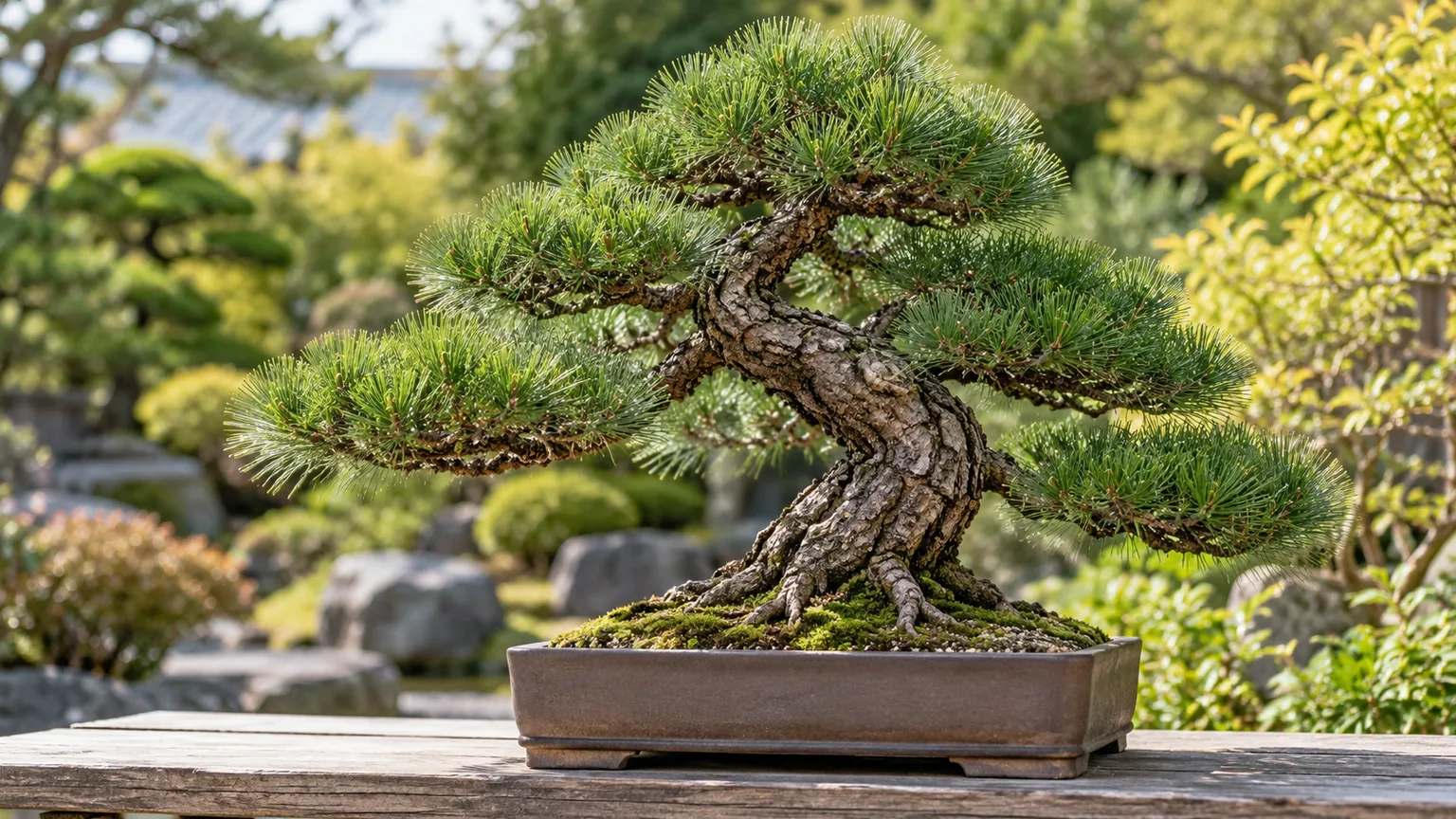 Healthy Japanese black pine bonsai in a shallow pot on an outdoor bench