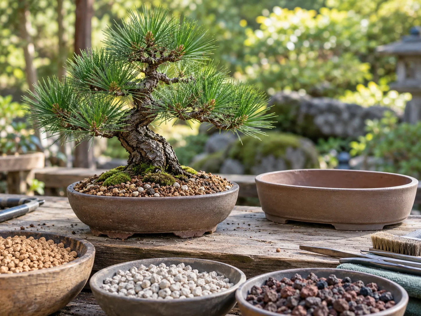 Pine bonsai beside a prepared shallow pot and coarse granular substrate
