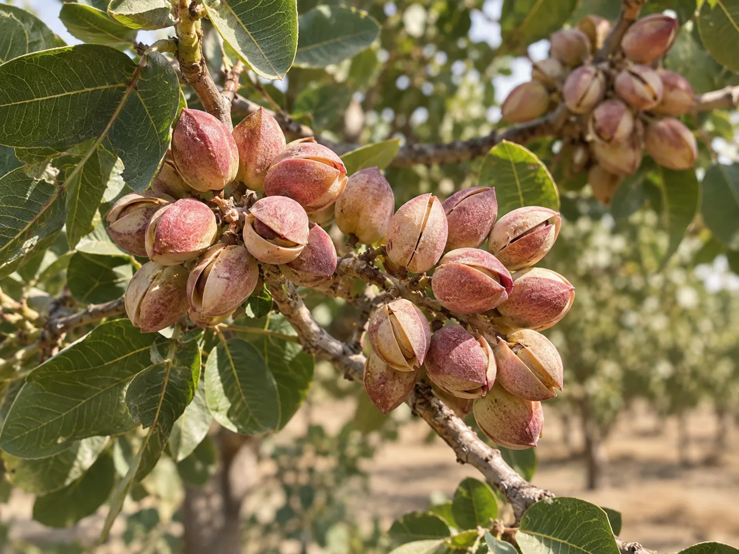 Mature pistachio clusters with pink-red hulls splitting on the tree.