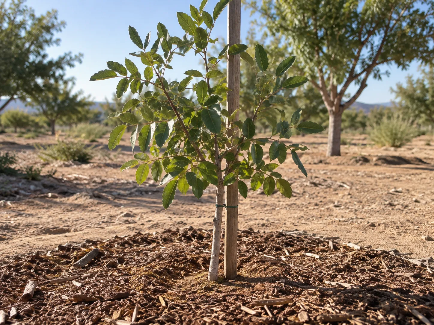 A young pistachio tree planted upright in a sunny, well-drained orchard site.