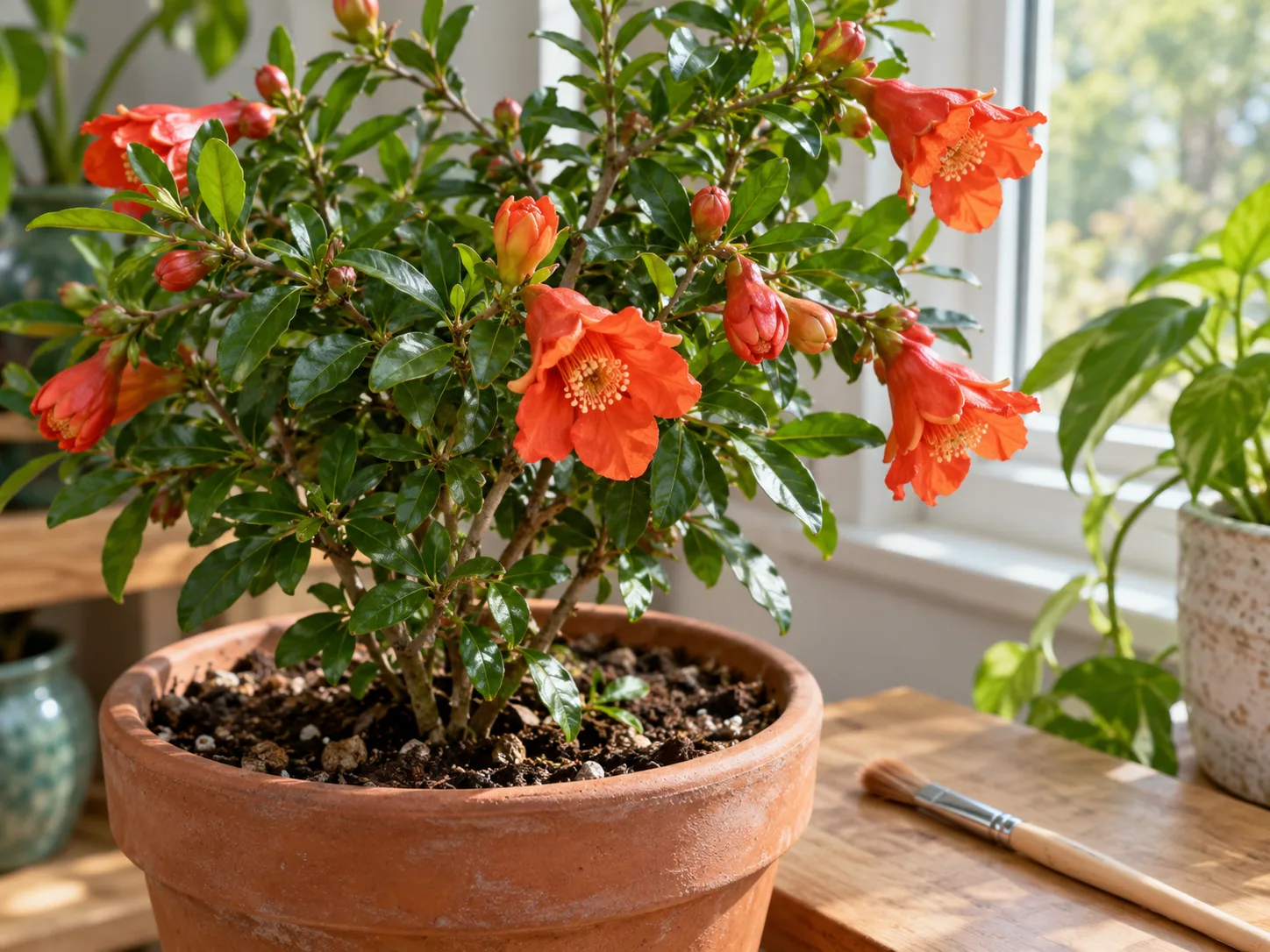 Open pomegranate blossoms and a soft brush ready for indoor hand pollination