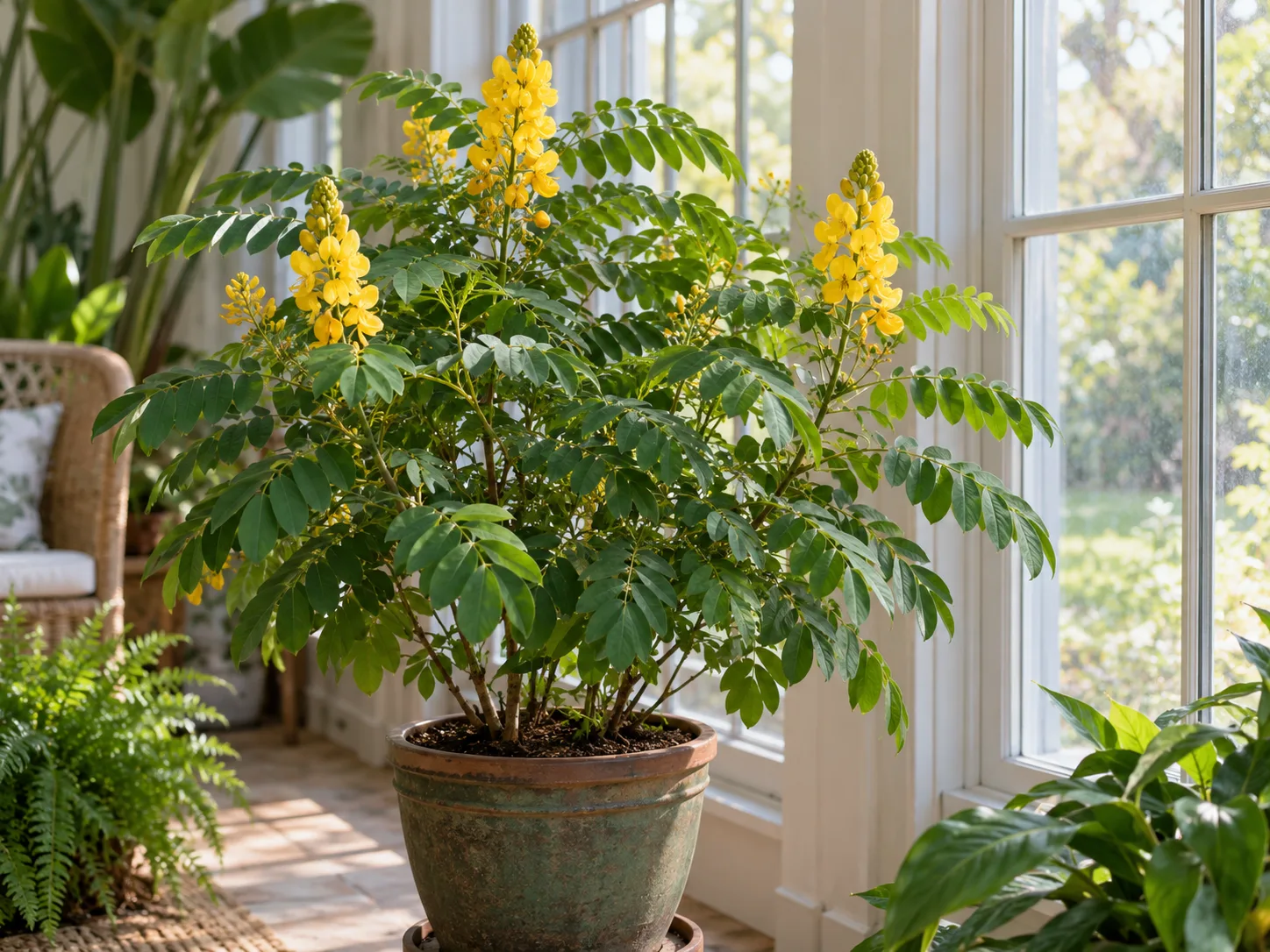 A potted popcorn cassia growing in a bright indoor sunroom for winter protection.
