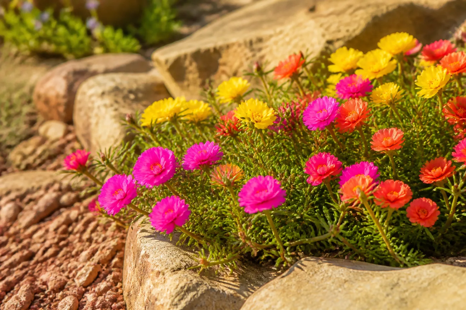 Moss rose portulaca with magenta and orange blooms spreading across a sunny rock garden edge