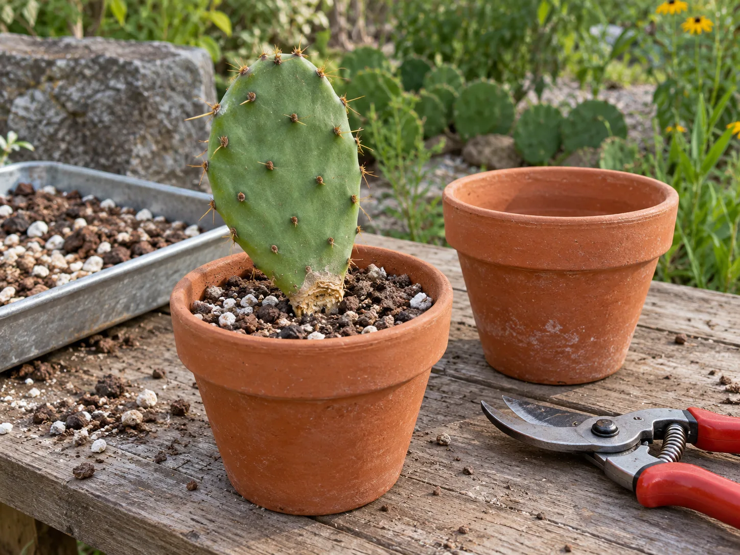 Callused eastern prickly pear pad planted shallowly in gritty cactus mix