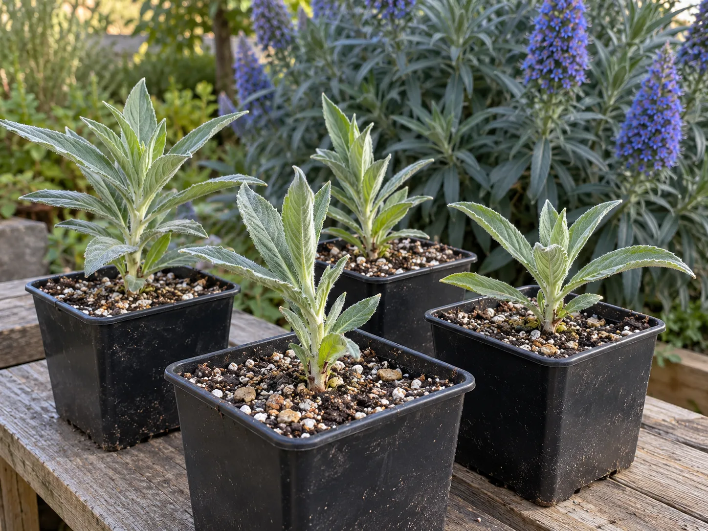 Young Pride of Madeira cuttings in gritty mix on a shaded potting bench