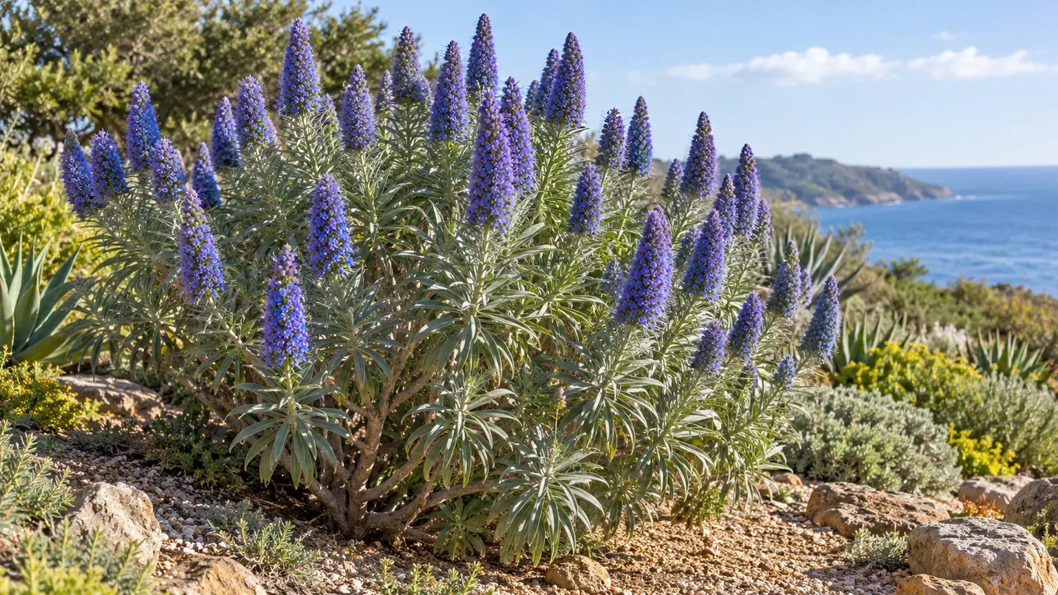 Mature Pride of Madeira growing in a sunny, sheltered coastal bed with space for its broad habit