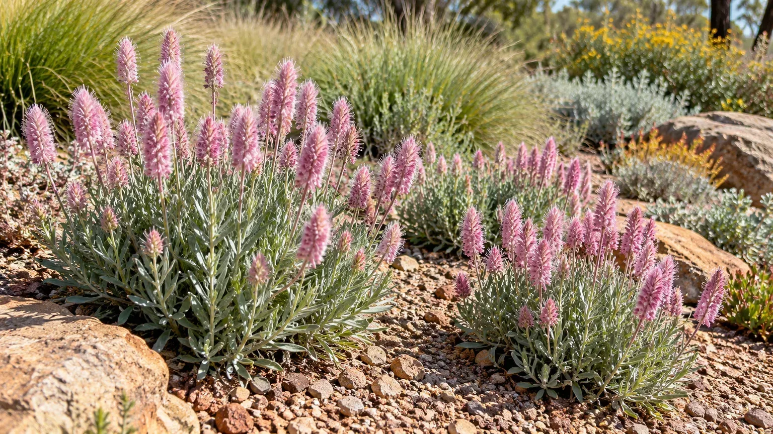 Pink mulla mulla growing in a sunlit, sharply drained garden border with gravel mulch
