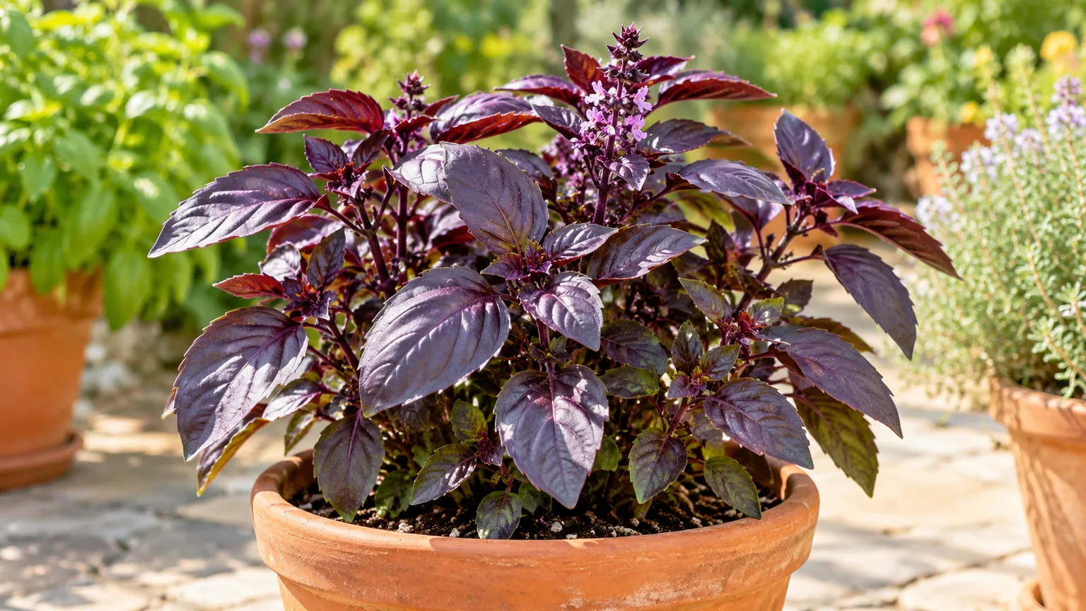 Purple basil with dark burgundy leaves and flower spikes growing in a terracotta pot in a sunny garden.