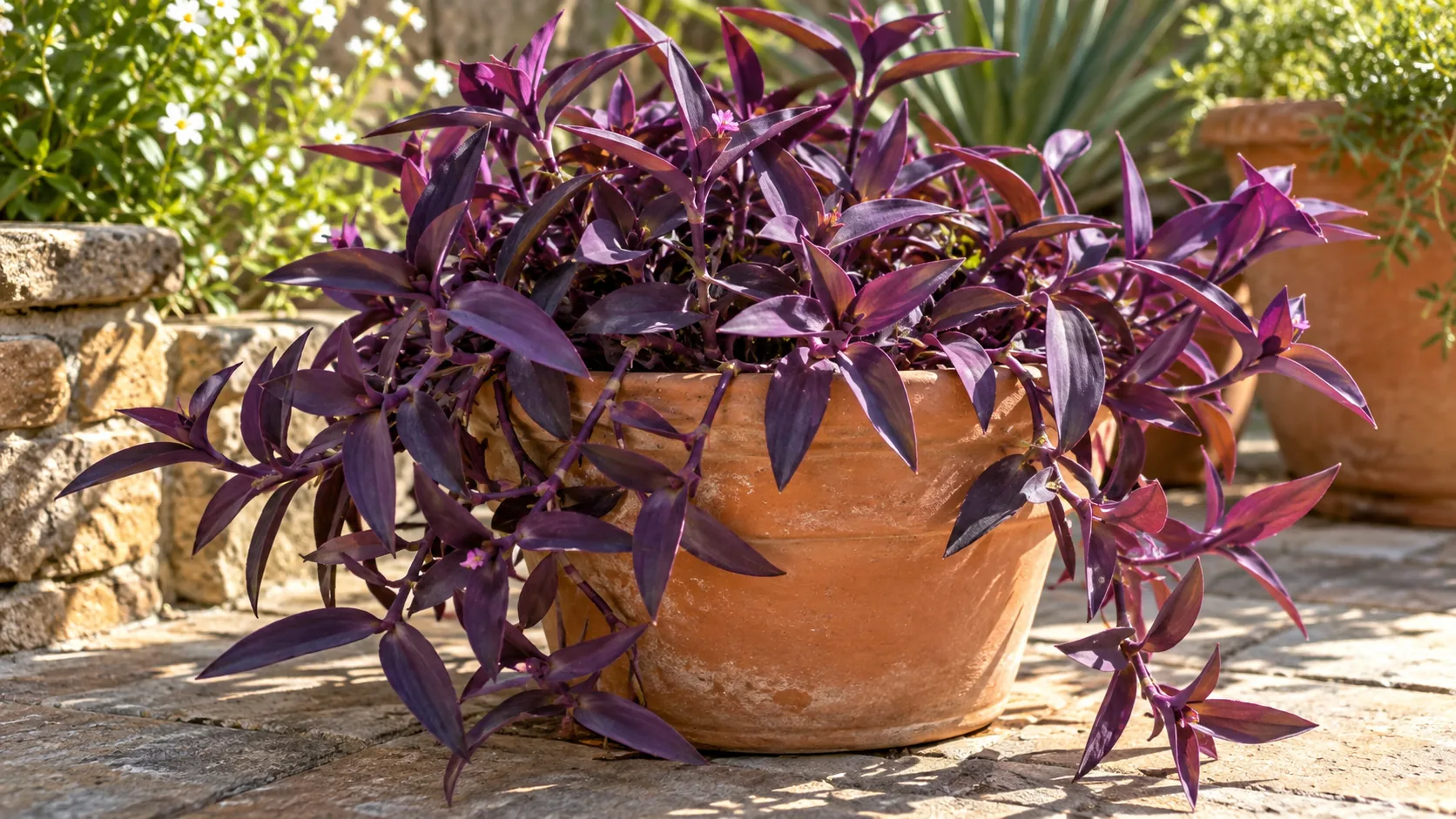 Healthy purple heart with violet foliage and trailing stems in a sunny container