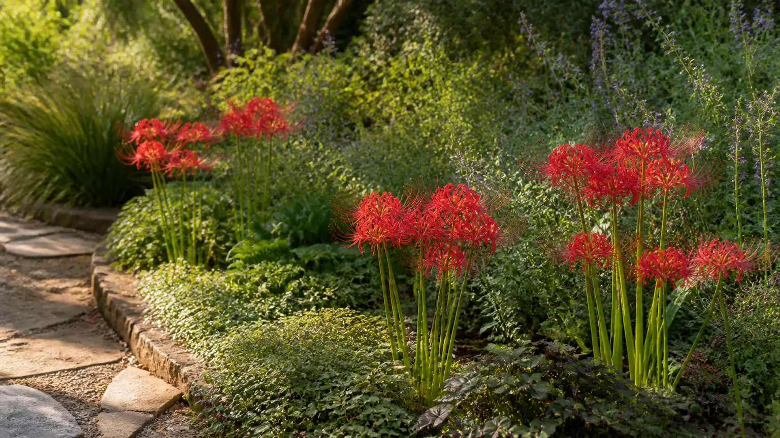 Small clumps of red spider lilies brighten a path-side mixed border in late summer