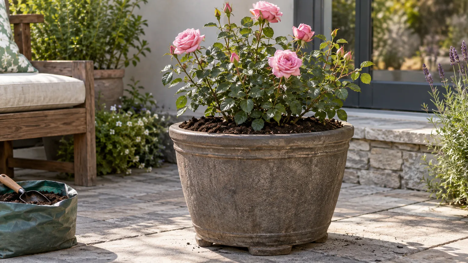 A healthy patio rose in a roomy container, suited to a sunny seating area