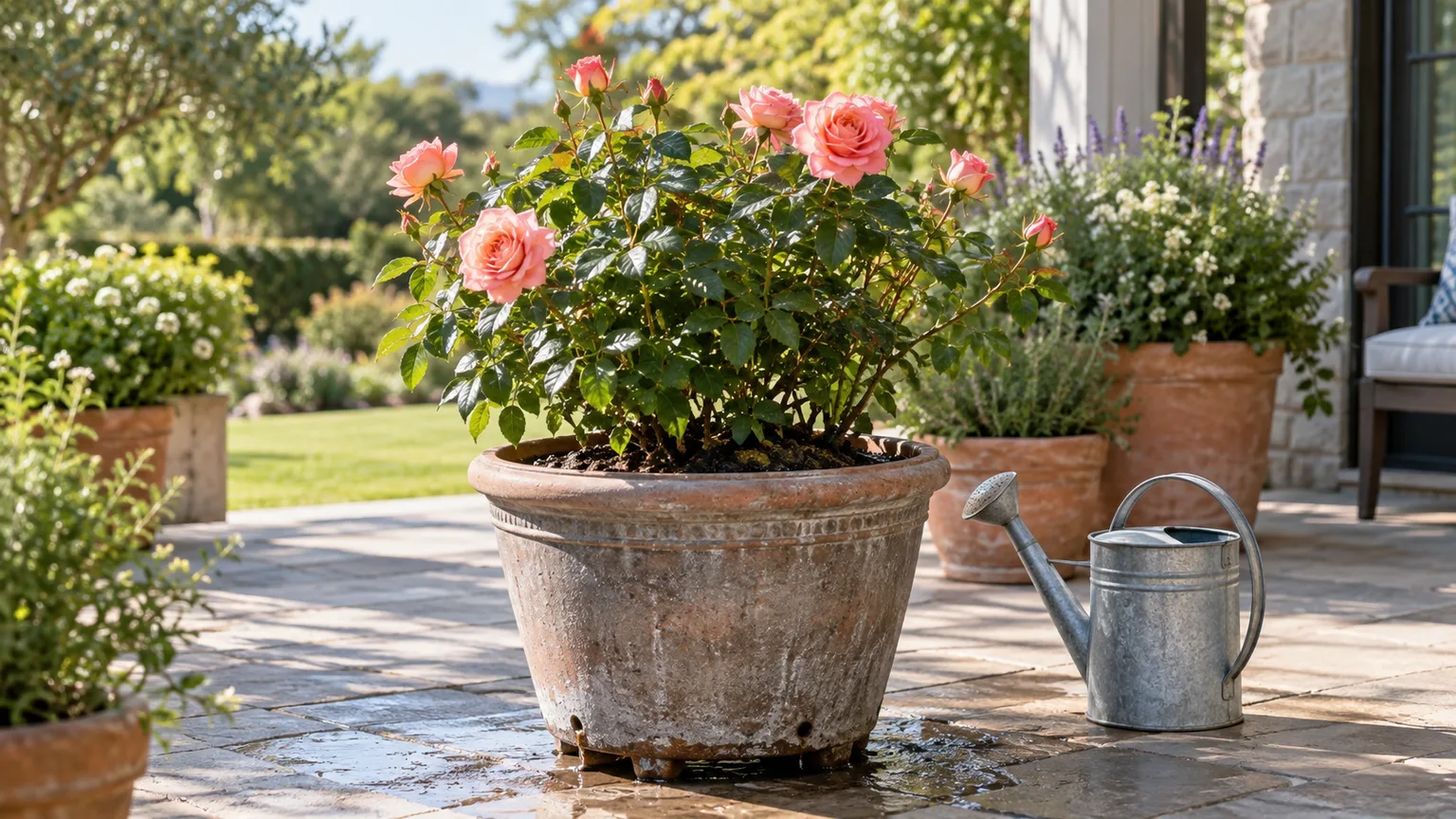 A potted rose on a sunny patio beside a watering can after a thorough soak