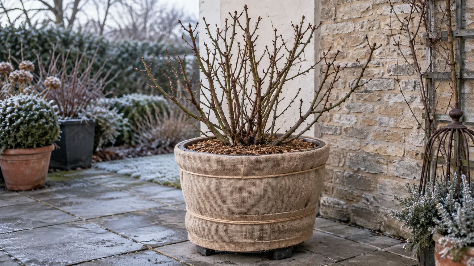 Leafless shrub in an outdoor pot wrapped in burlap for winter protection