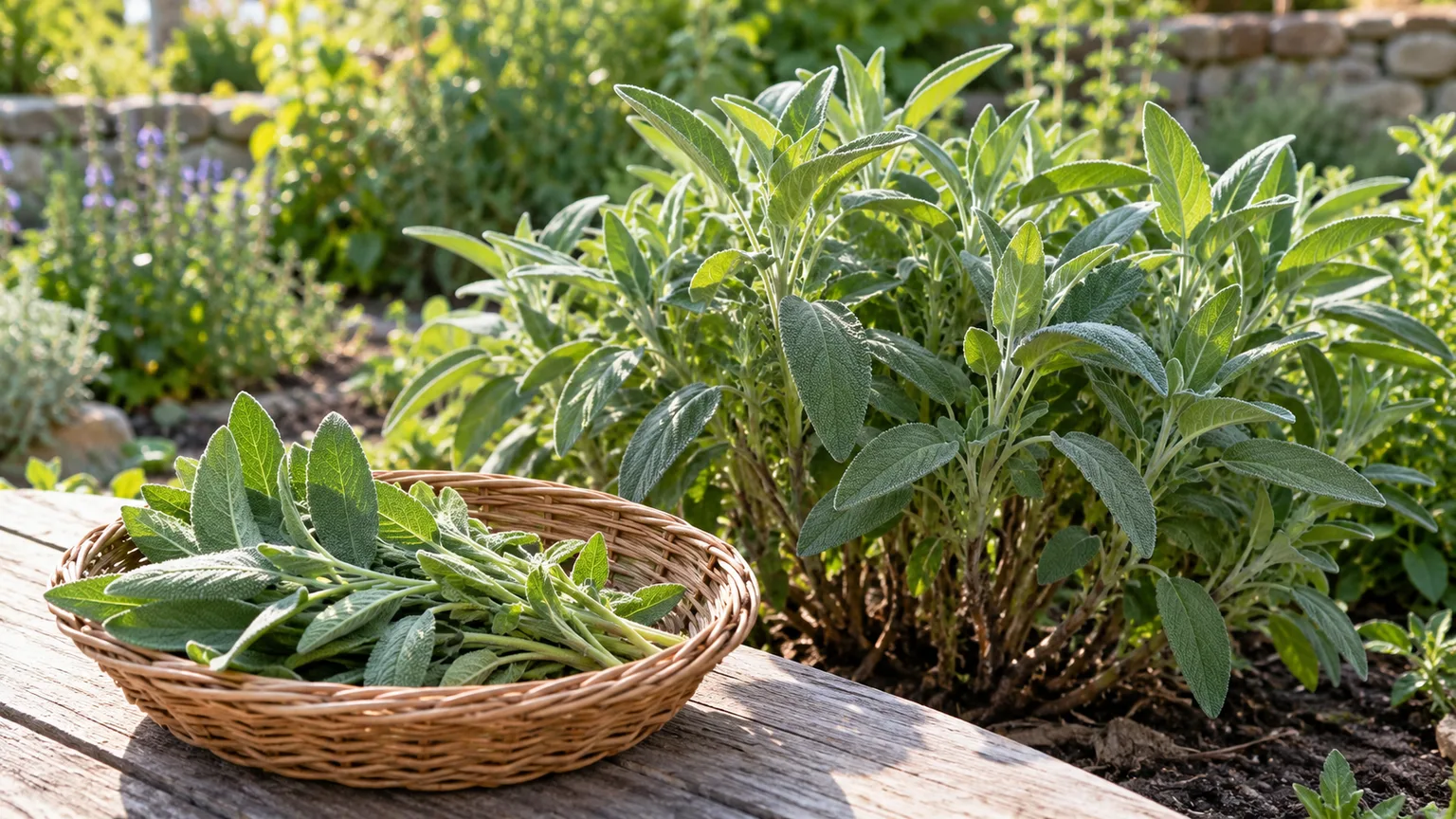 Fresh sage sprigs lightly harvested from a mature common sage plant.