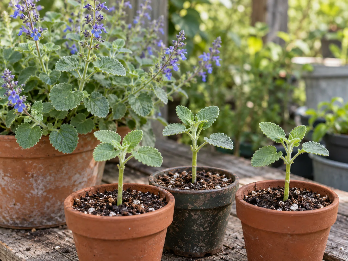 Scaredy cat plant stem cuttings rooted in small pots beside a flowering parent plant