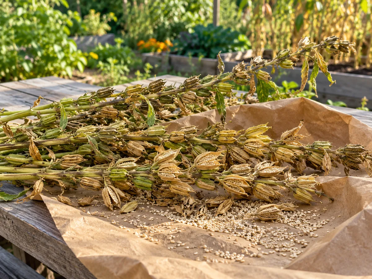 Maturing sesame capsules and cut stalks drying over a paper catcher before seed is collected