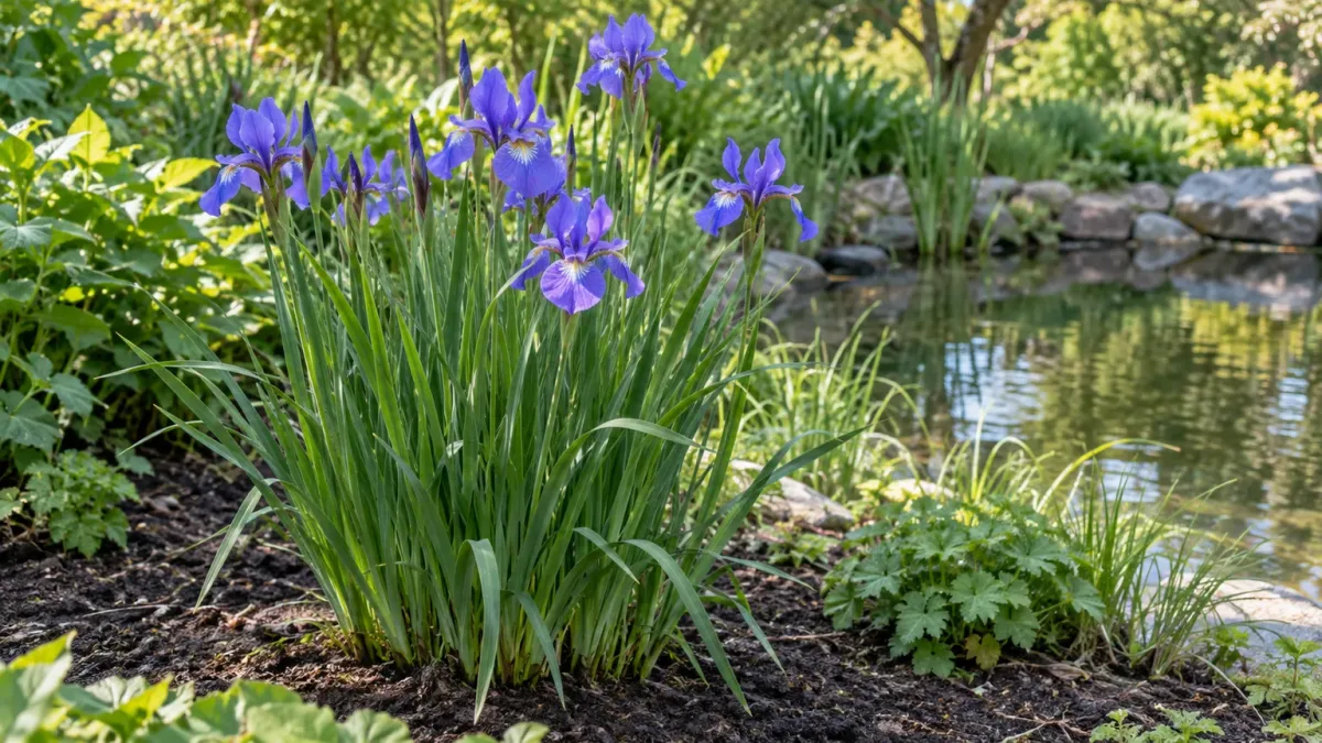 Siberian iris growing in moist, well-drained soil beside a pond margin