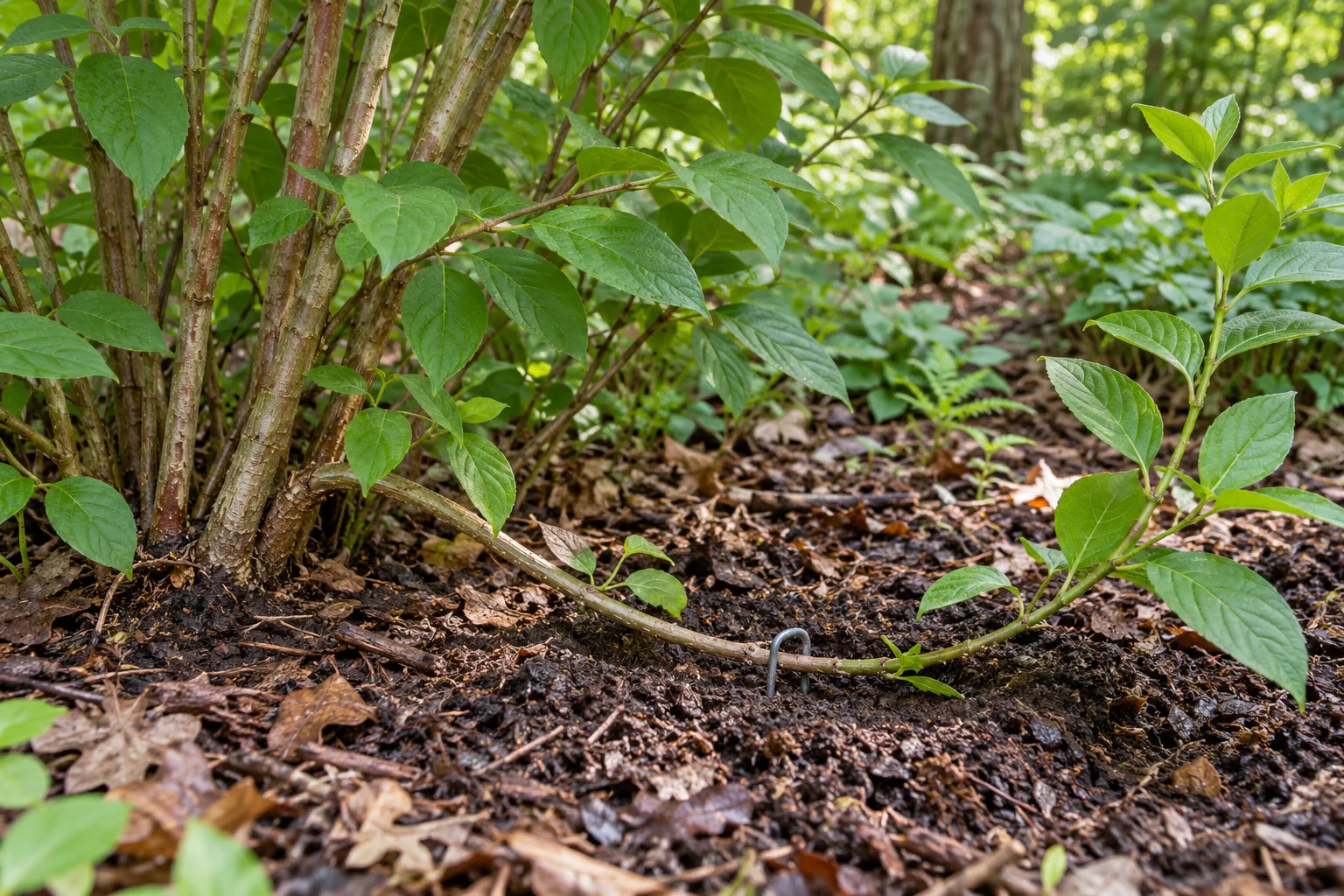 A low silky dogwood branch pinned into moist soil for simple layering