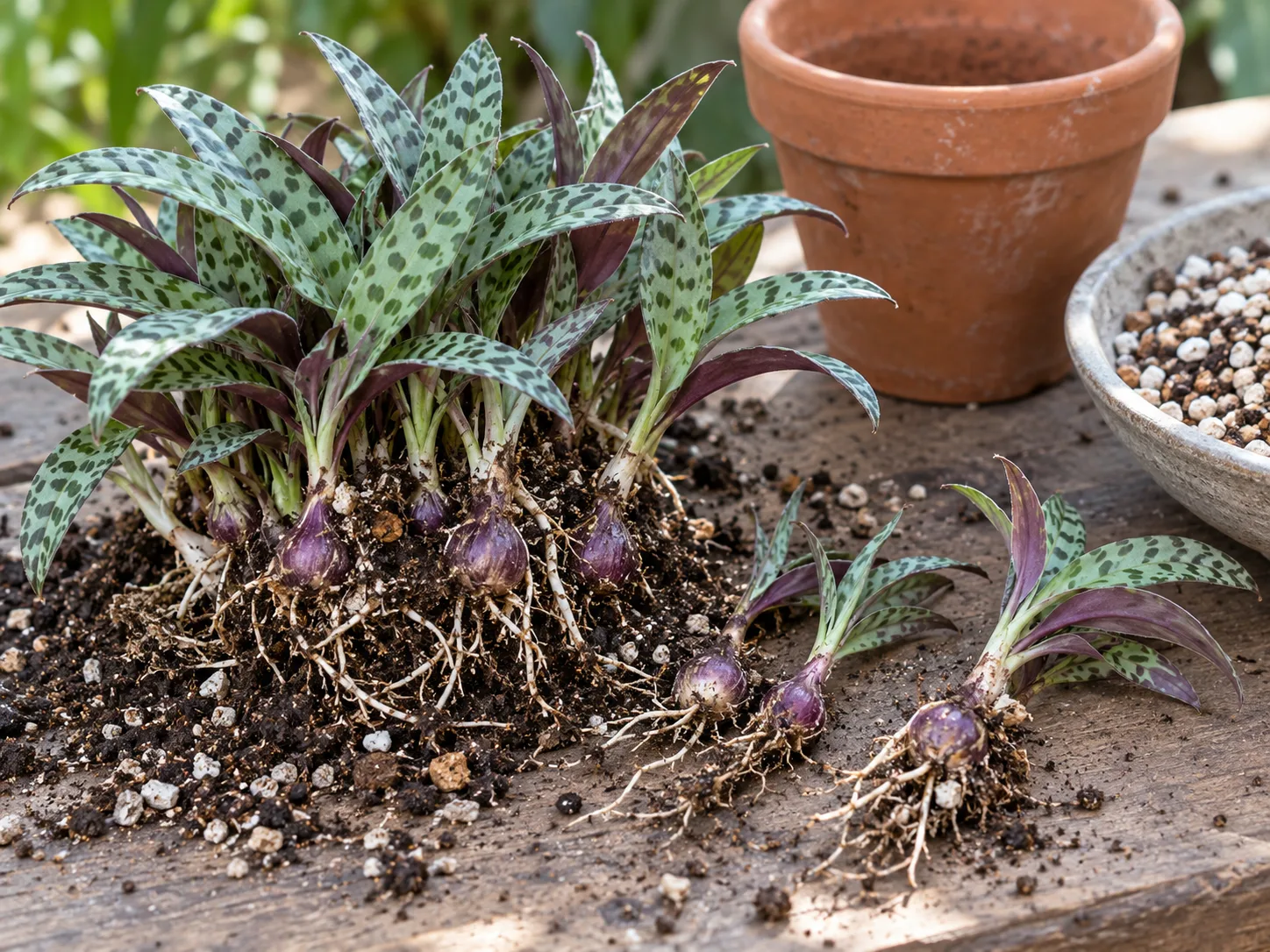Silver squill offsets separated beside the mother clump, ready to plant with their bulbs partly exposed