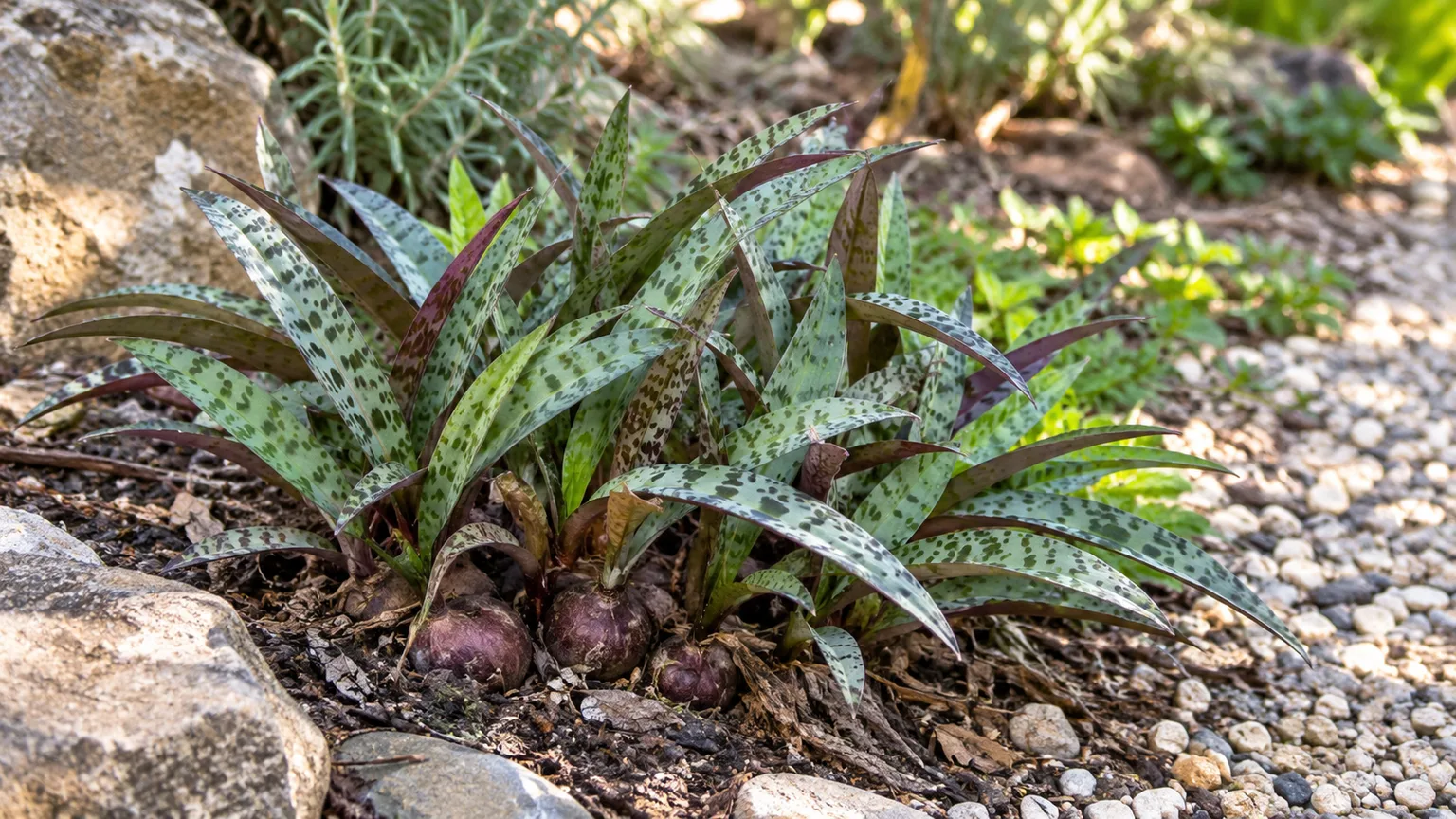 Silver squill growing as a low clump in a warm, bright-shade garden with gravelly, well-drained soil