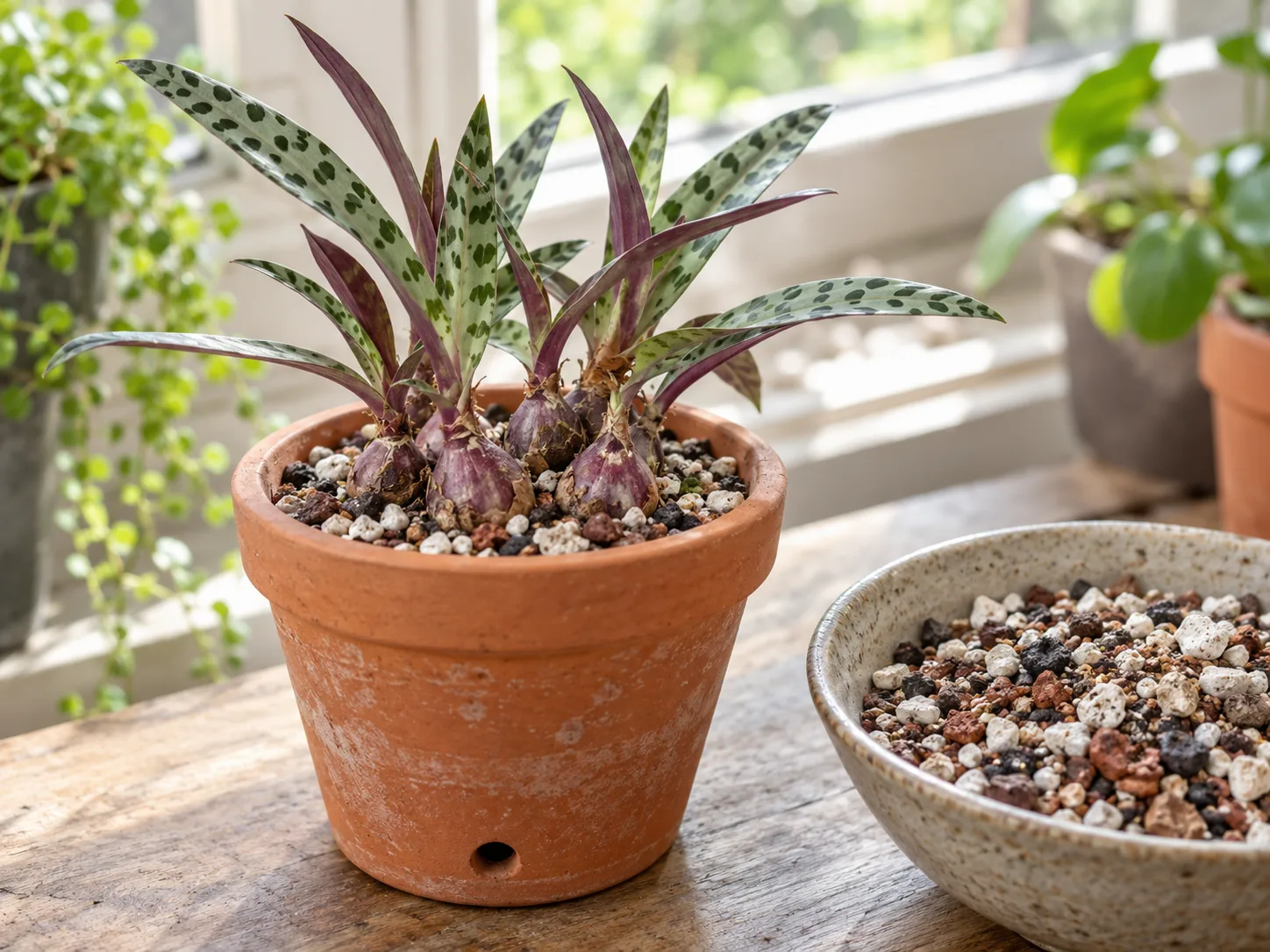 A silver squill planted with its bulbs exposed in a draining terracotta pot with gritty mix nearby