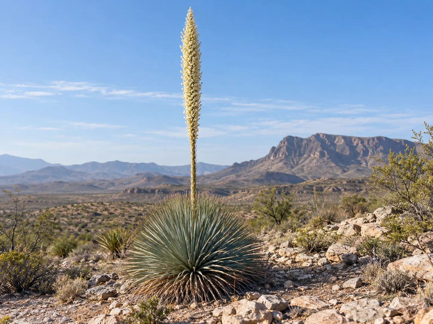 Mature desert spoon with its tall cream-colored flower stalk rising above the blue-gray rosette