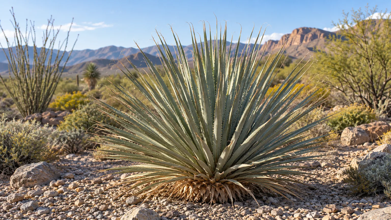 Healthy desert spoon with a blue-gray serrated rosette in a rocky Southwestern garden