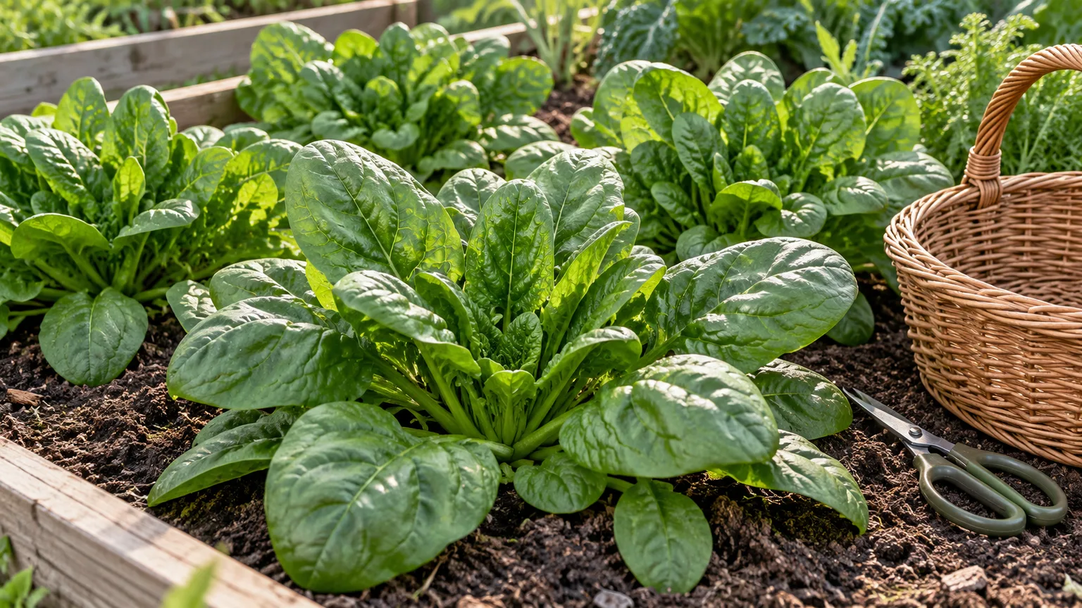 Mature spinach rosette ready for outer-leaf harvesting beside clean garden scissors