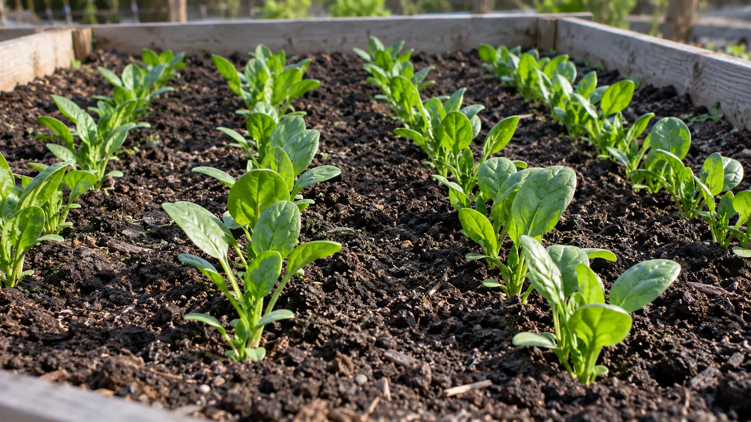 Young spinach seedlings spaced in rows in a raised garden bed