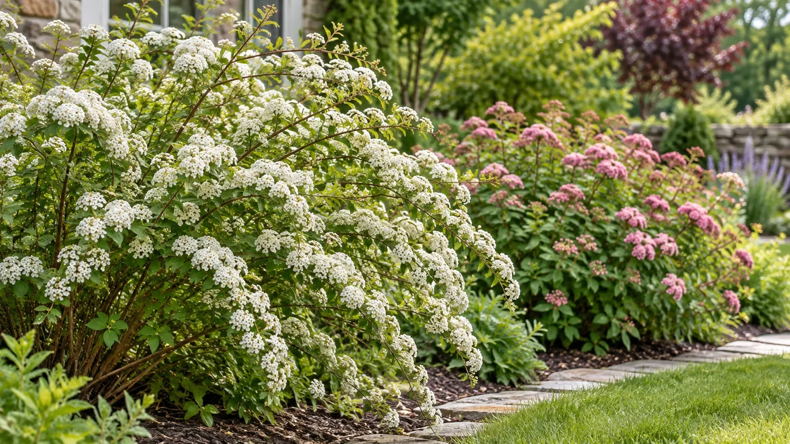 White arching spring-flowering spirea beside a compact pink summer-flowering spirea in a garden border