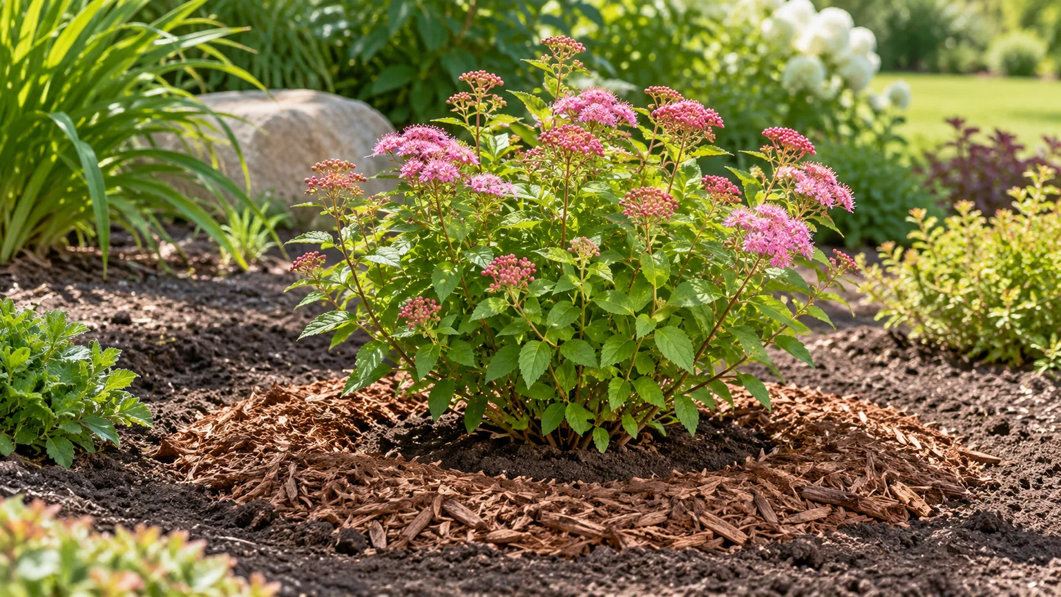 A young spiraea planted level with the surrounding soil and mulched away from its stems