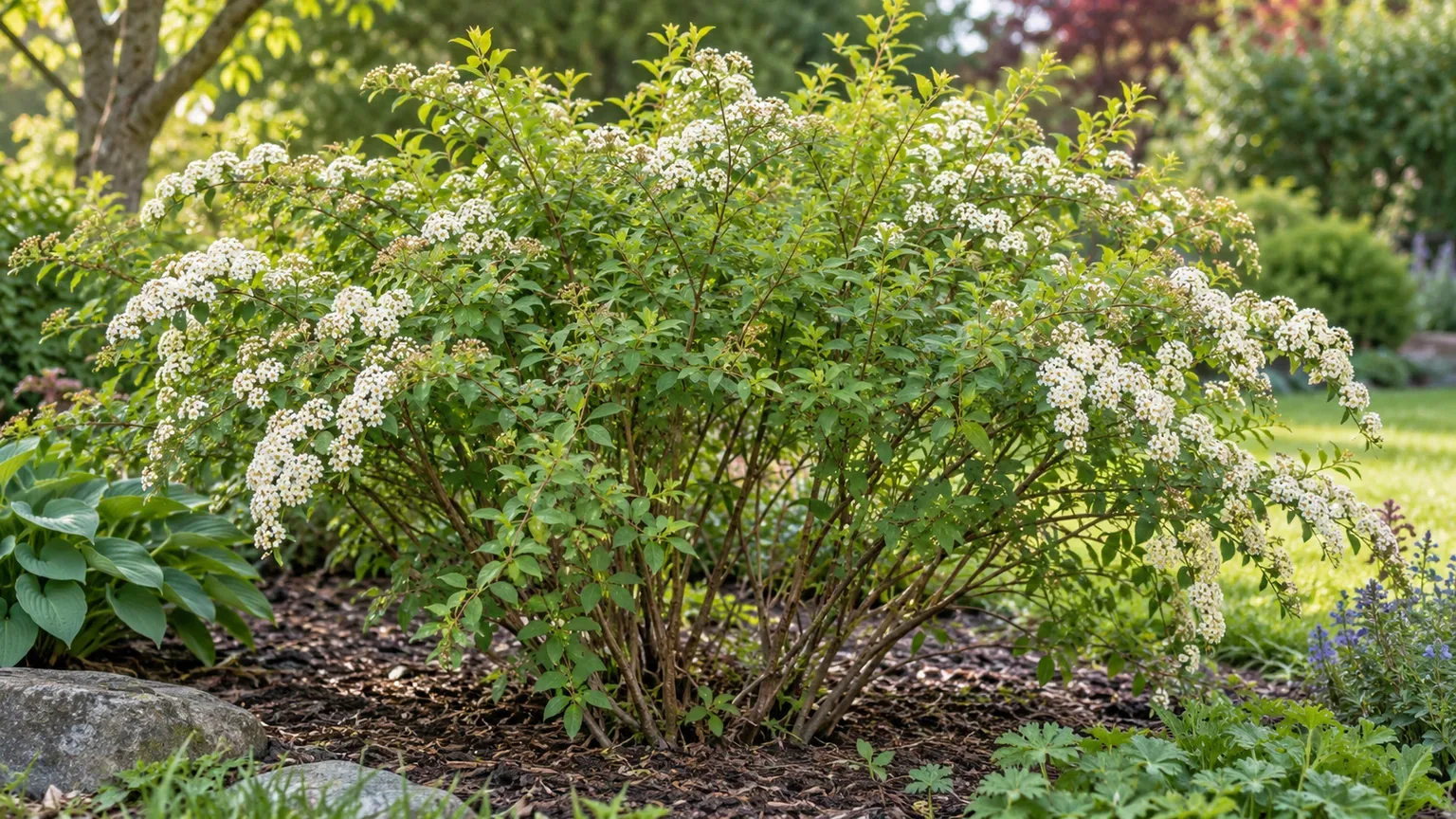 A naturally arched spirea shrub with selected old stems removed to open its center
