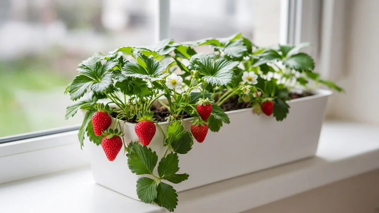 Healthy strawberry plant flowering and fruiting in a pot