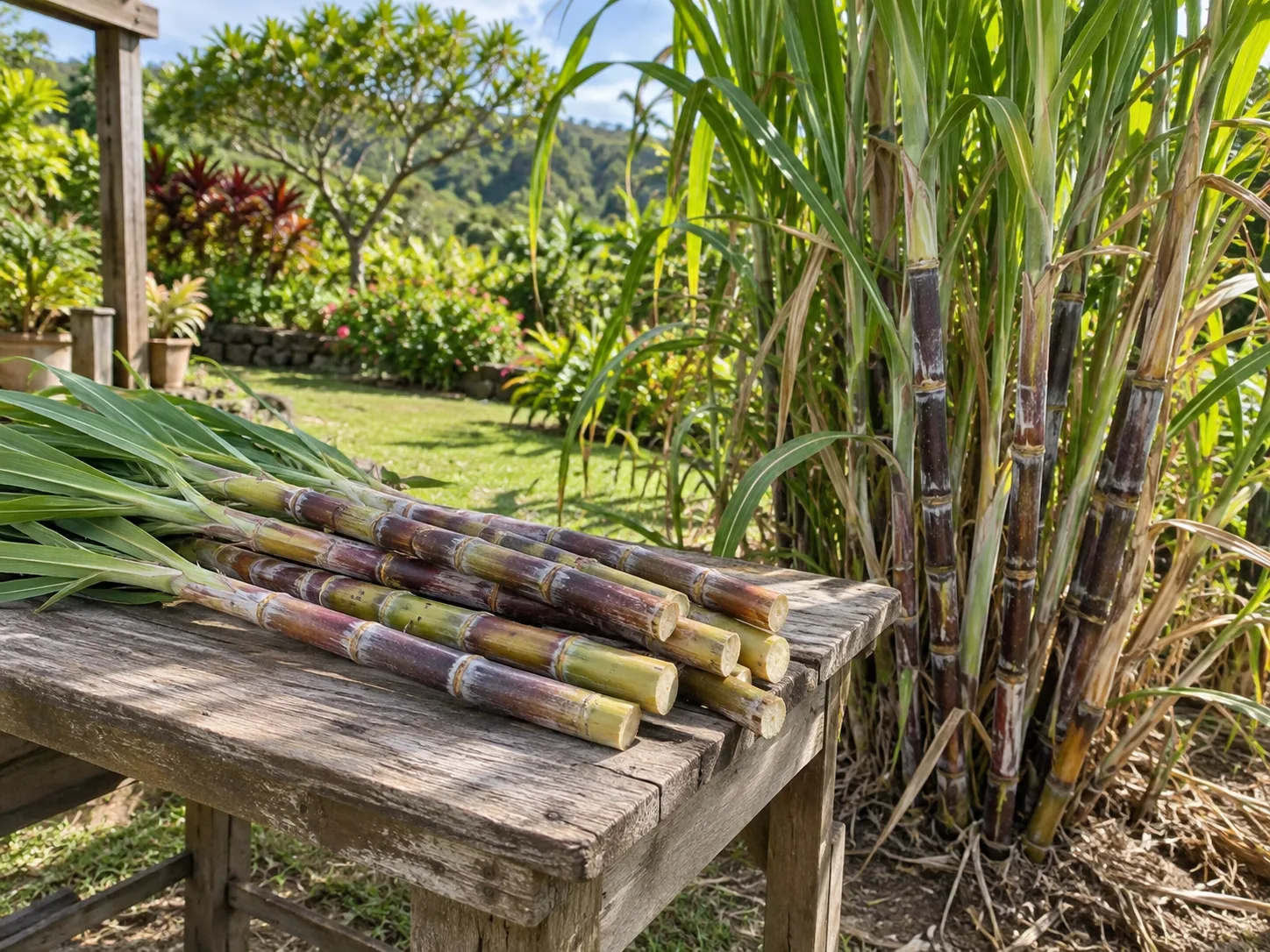 Freshly cut sugar cane stalks beside a mature clump in a sunny garden