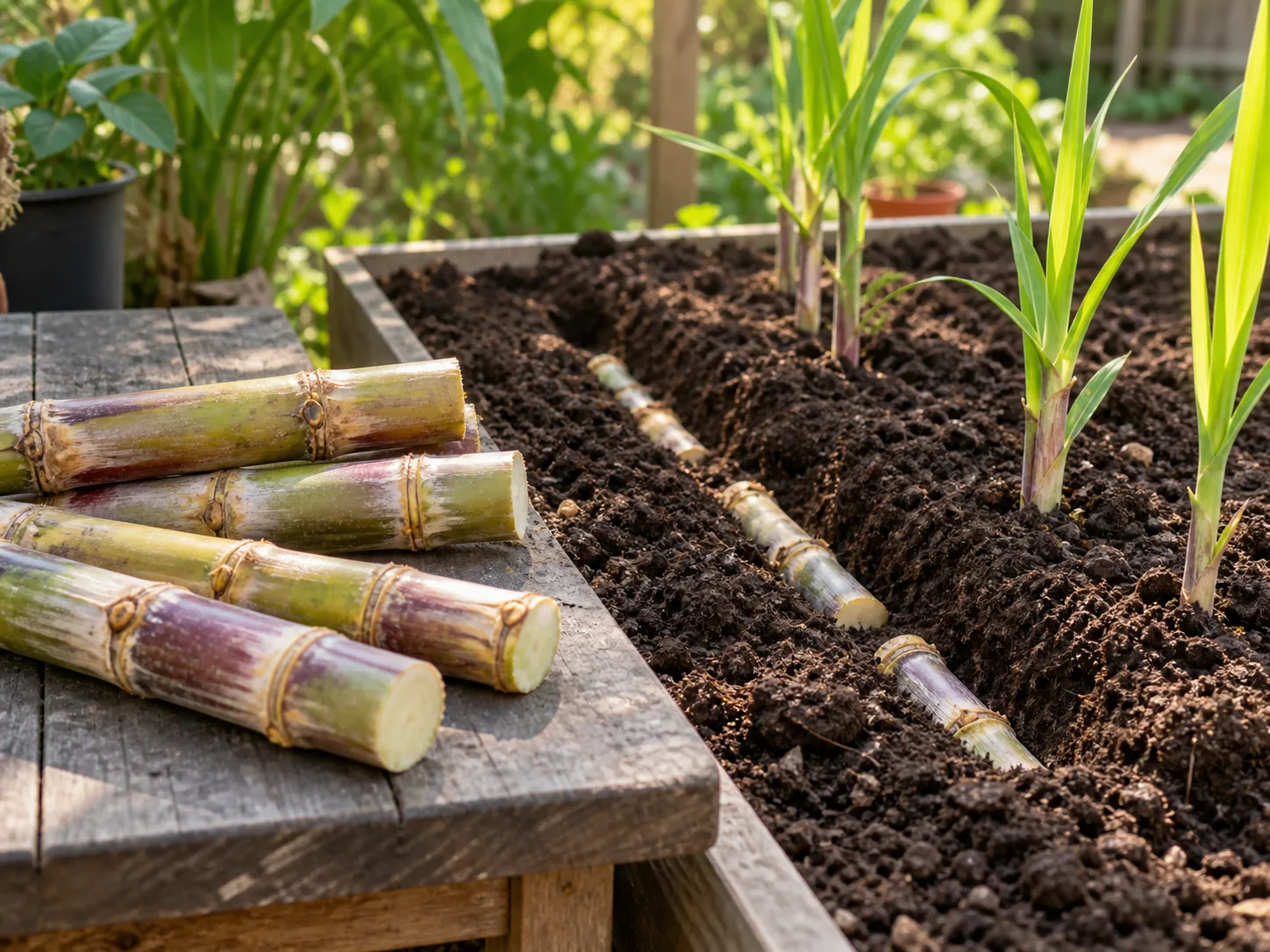 Sugar cane stem cuttings and young shoots in a prepared sunny garden bed