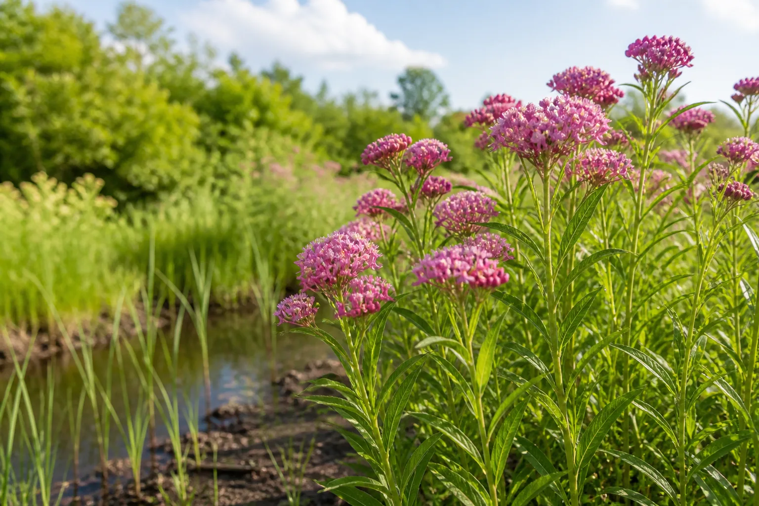 Clusters of rose-pink swamp milkweed flowers on upright green stems in a sunny native garden border beside moist soil