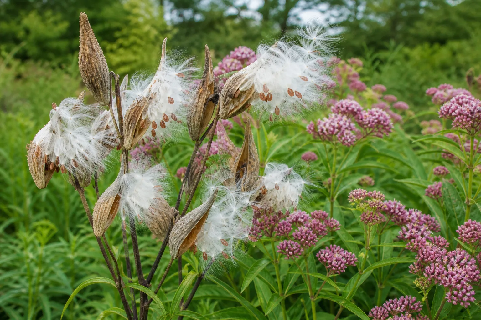 Brown swamp milkweed seed pods splitting open to release silky white-tufted seeds on upright stems