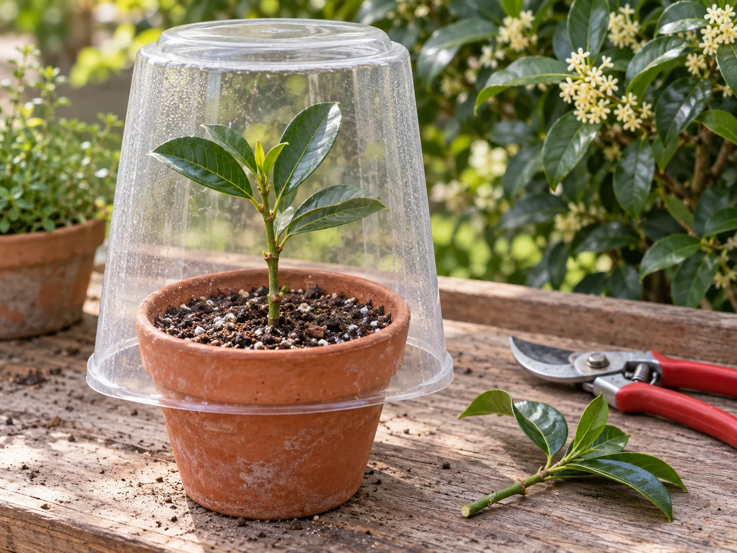 A tea olive stem cutting in moist propagation mix under a clear humidity cover, with clean pruners nearby
