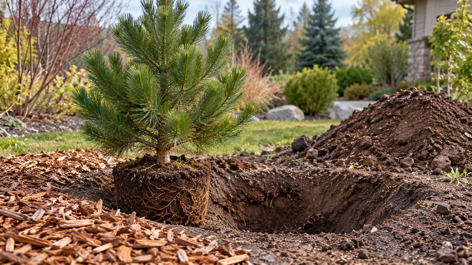 Young Austrian pine positioned beside a broad planting hole in a sunny garden